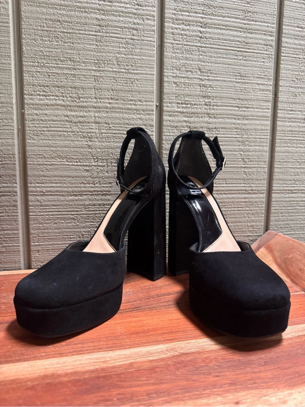 Gianni Bini Black Suede Platform Block Heels with Ankle Strap